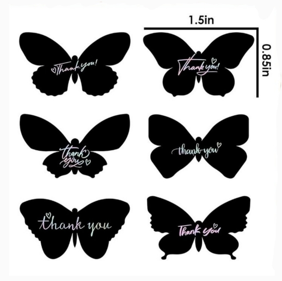 50 THANK YOU Stickers Black Holographic Butterfly 6 Designs Rainbow Foi… - Picture 1 of 7